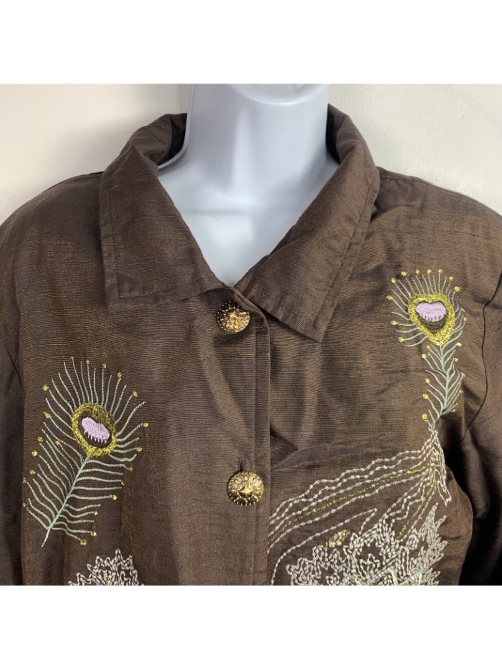 VINTAGE Indigo Moon Womens Blazer Sz L Brown Button Front Feather Embroidery NEW - Picture 5 of 12